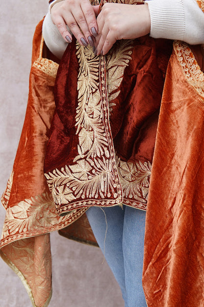 Orange Red Double Shade Velvet Cape with Zari Embroidery