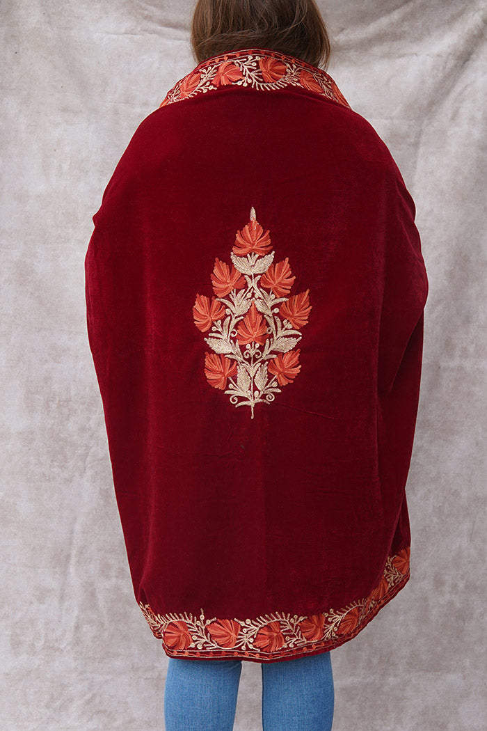 Red Velvet Cape with Antique Zari Embroidery