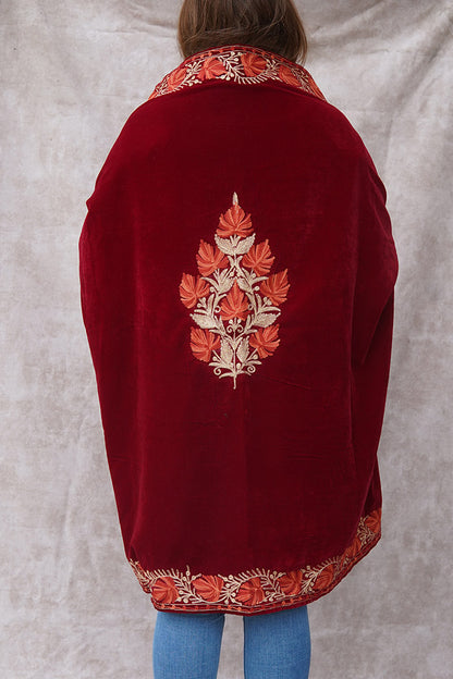 Red Velvet Cape with Antique Zari Embroidery