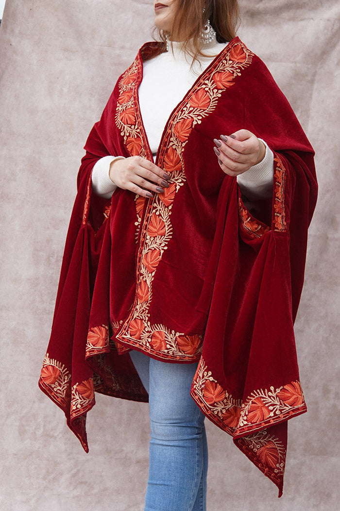 Red Velvet Cape with Antique Zari Embroidery