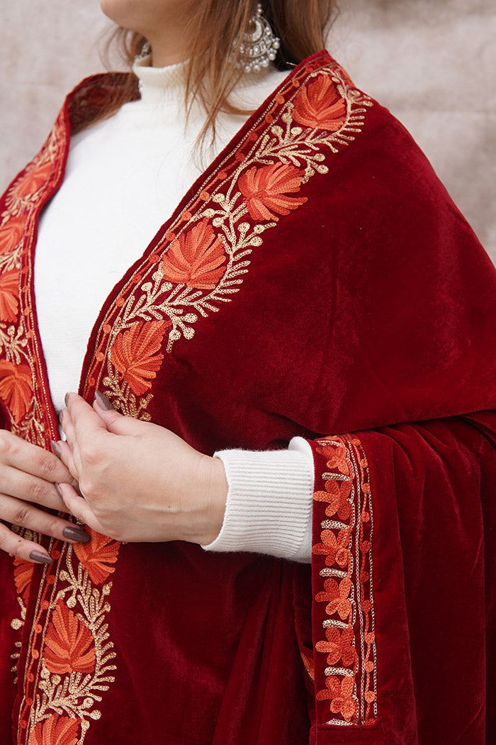 Red Velvet Cape with Antique Zari Embroidery