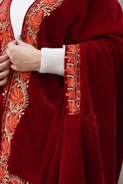 Red Velvet Cape with Antique Zari Embroidery