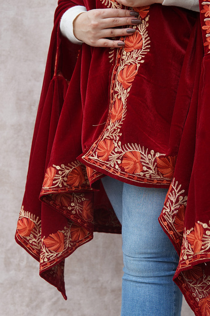Red Velvet Cape with Antique Zari Embroidery