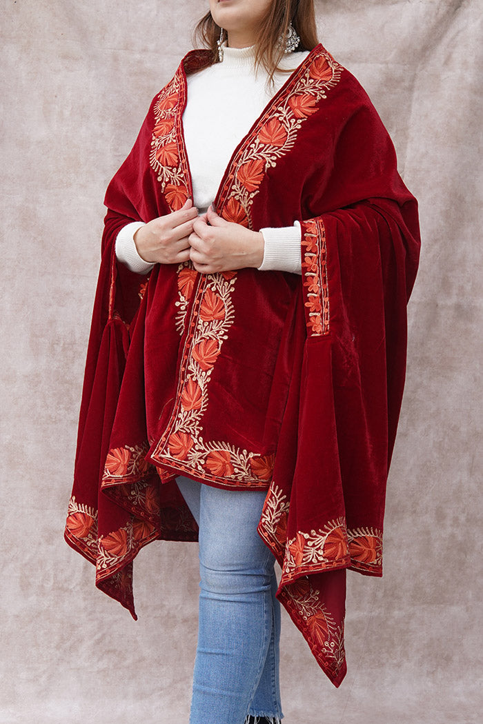 Red Velvet Cape with Antique Zari Embroidery