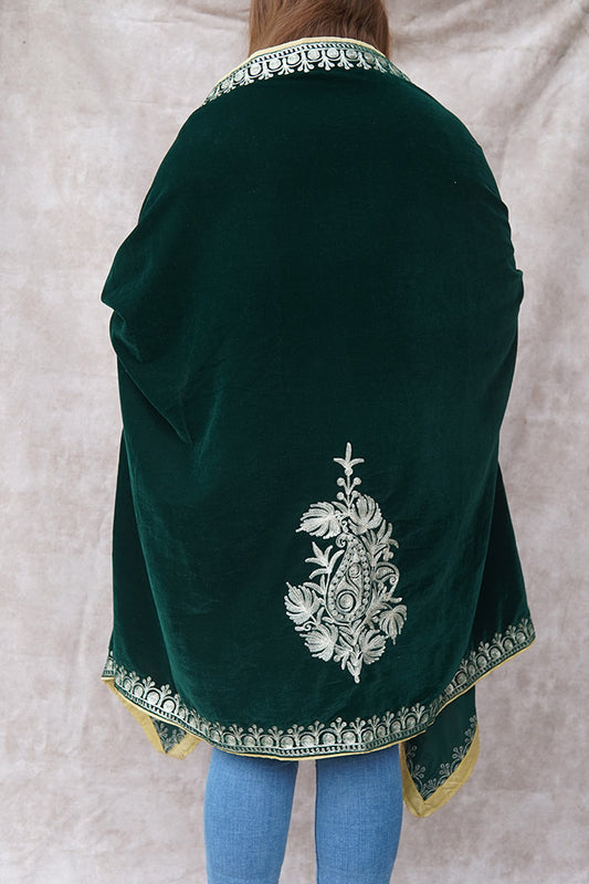 Bottle Green Velvet Cape with Antique Zari Embroidery