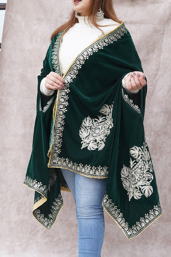 Bottle Green Velvet Cape with Antique Zari Embroidery