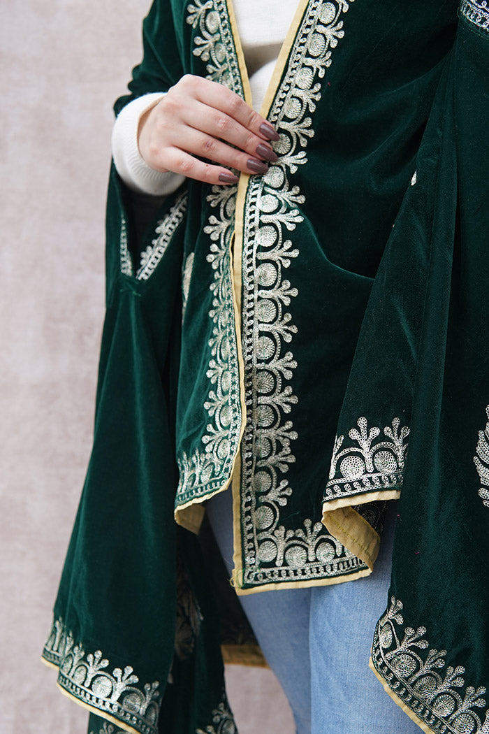 Bottle Green Velvet Cape with Antique Zari Embroidery