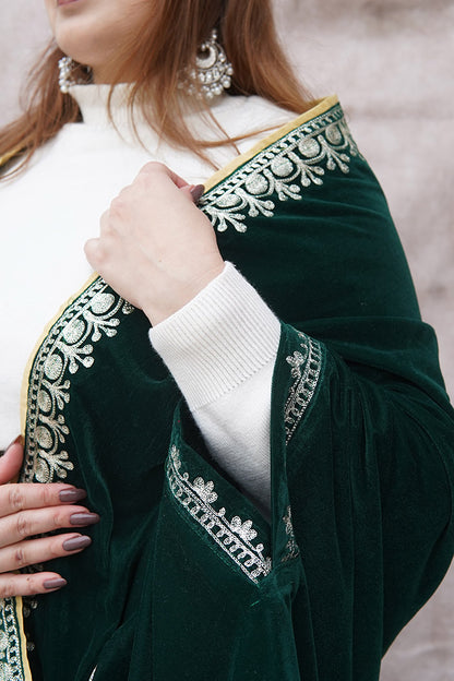 Bottle Green Velvet Cape with Antique Zari Embroidery