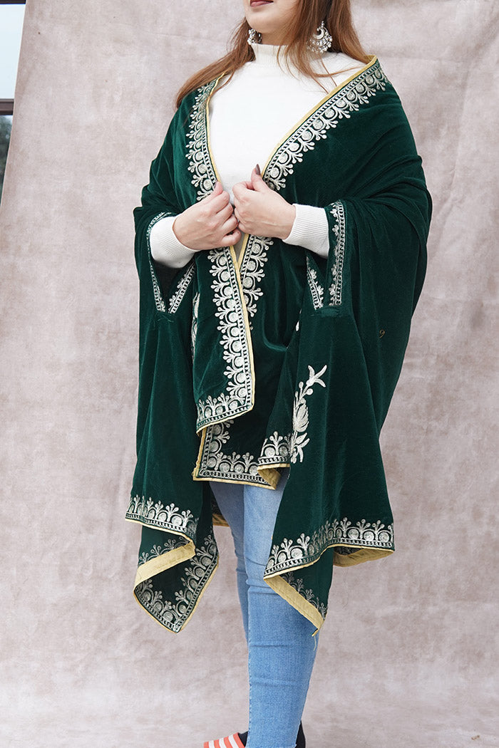 Bottle Green Velvet Cape with Antique Zari Embroidery