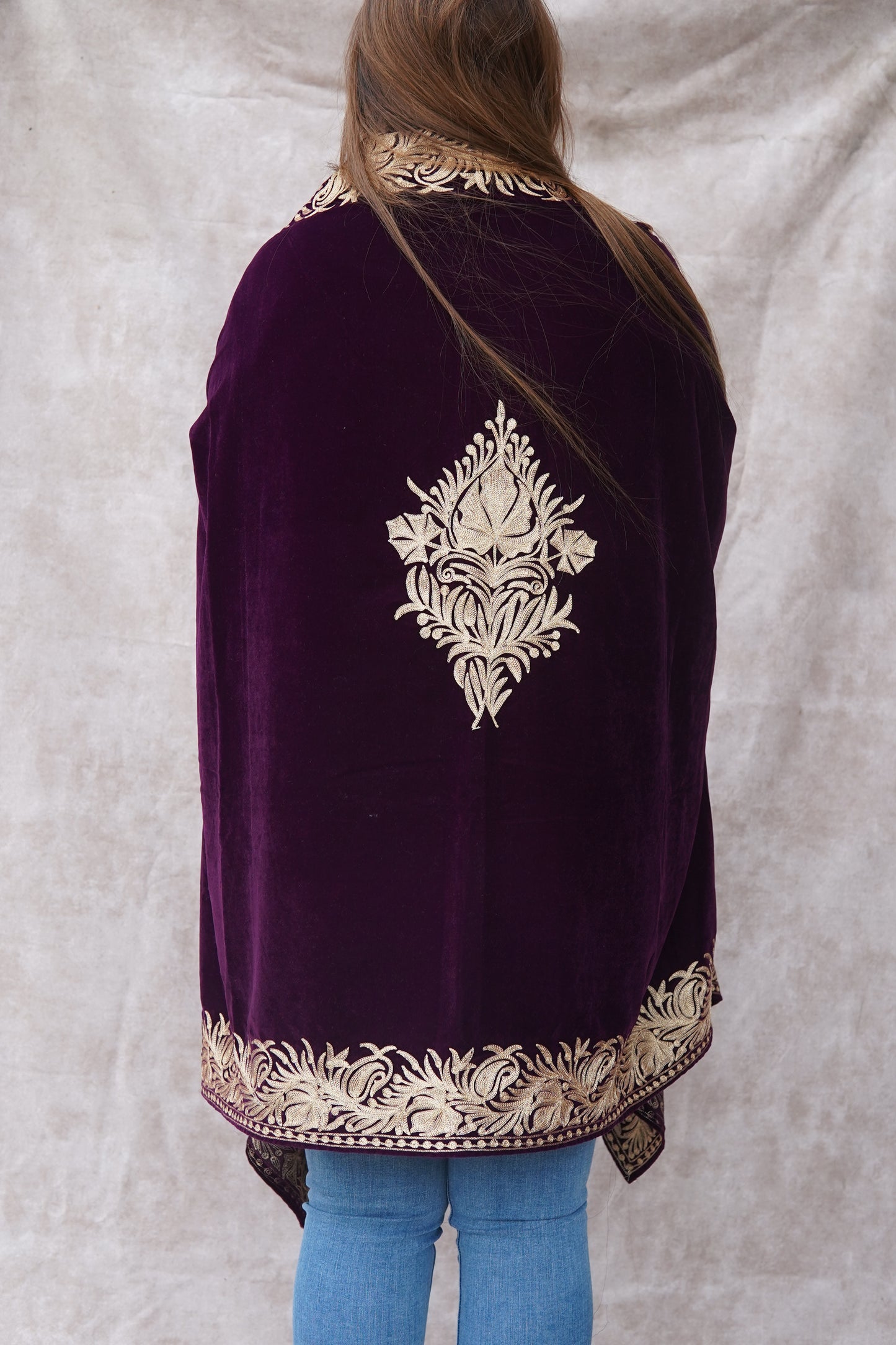 Violet Velvet Cape with Antique Zari Embroidery