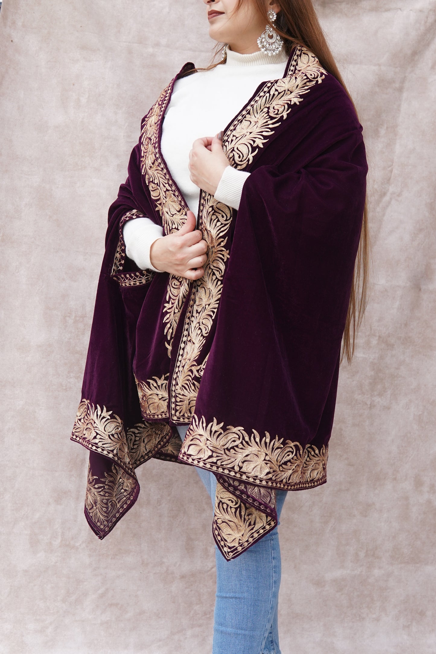 Violet Velvet Cape with Antique Zari Embroidery