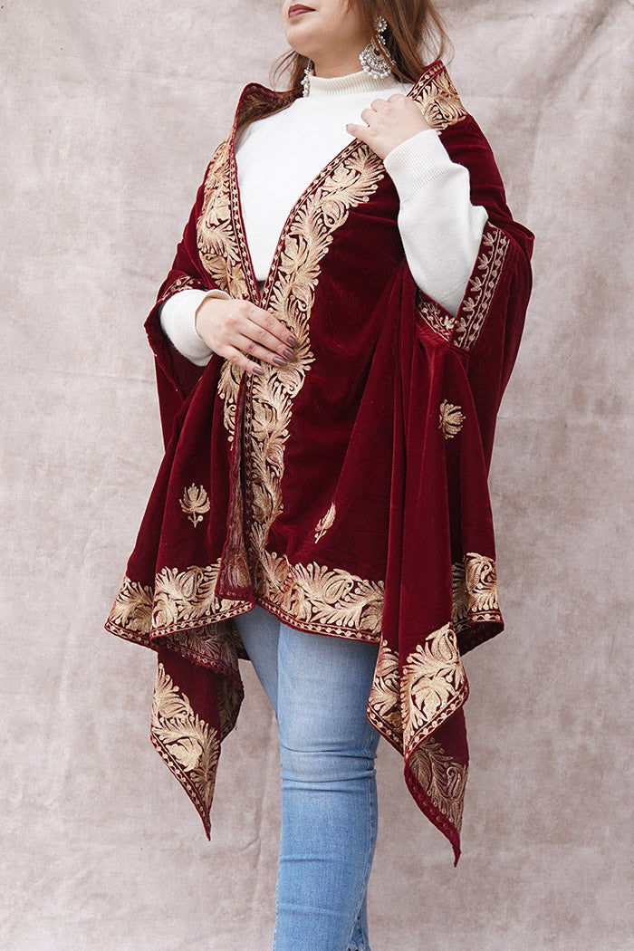 Red with Booti Velvet Cape with Zari Embroidery