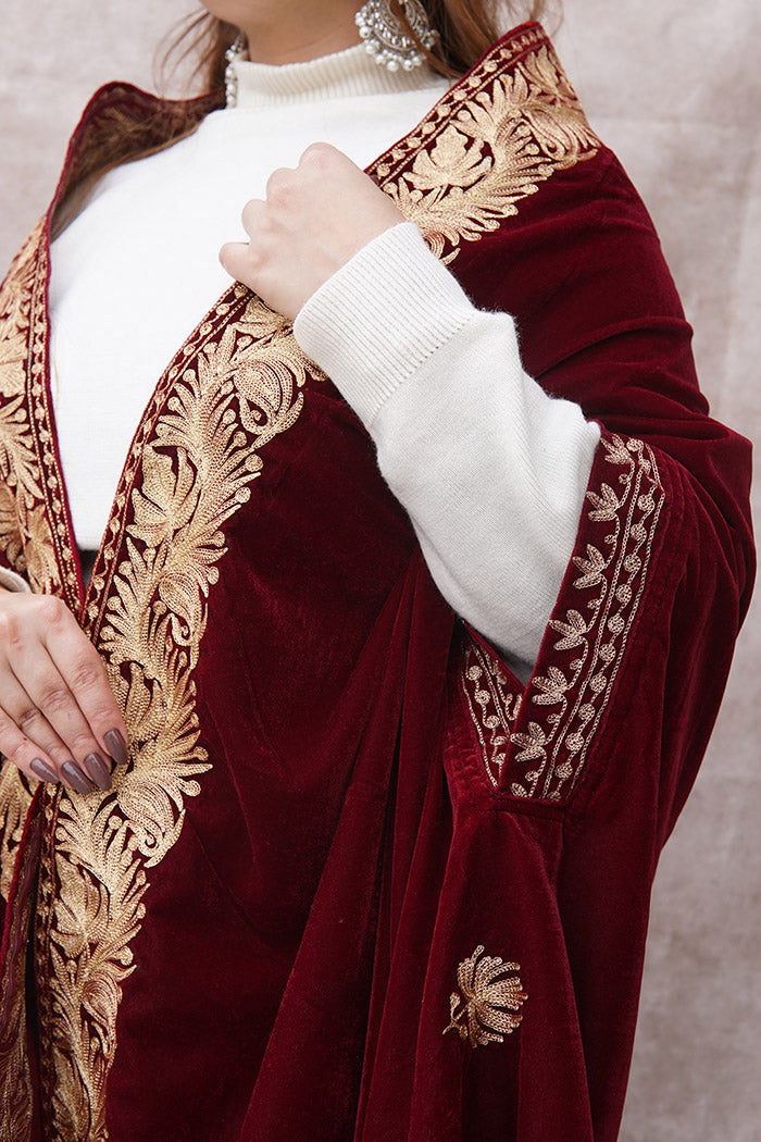 Red with Booti Velvet Cape with Zari Embroidery