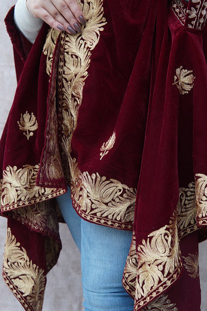 Red with Booti Velvet Cape with Zari Embroidery