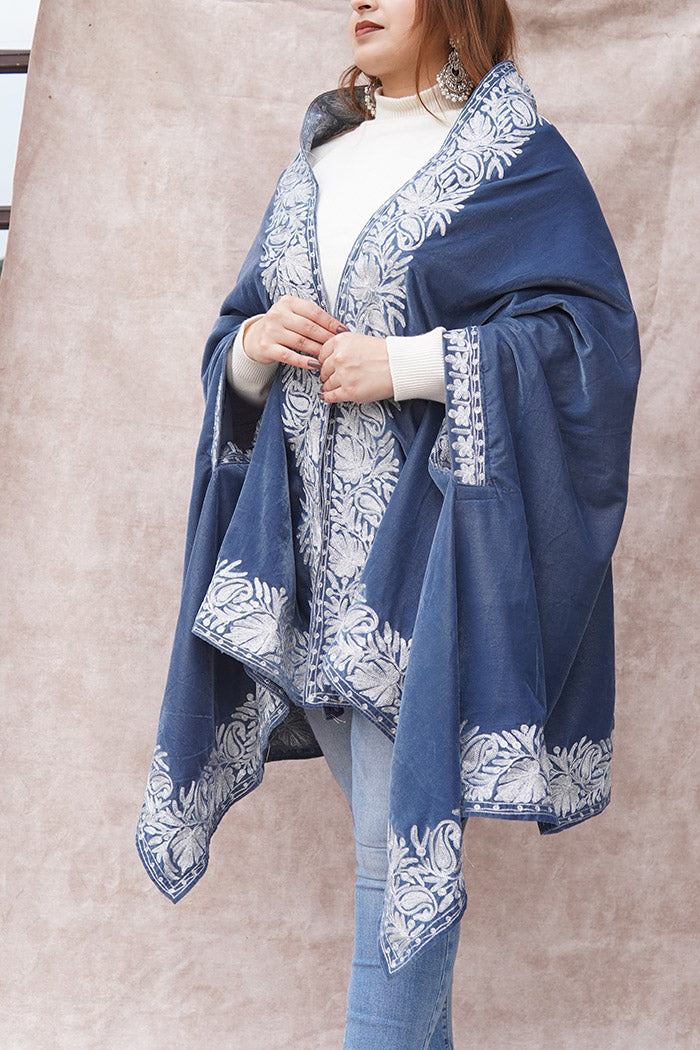 Grey Velvet Cape with Antique Zari Embroidery