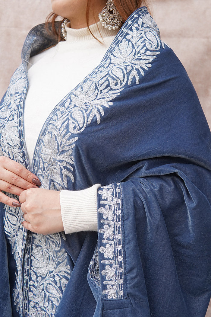 Grey Velvet Cape with Antique Zari Embroidery