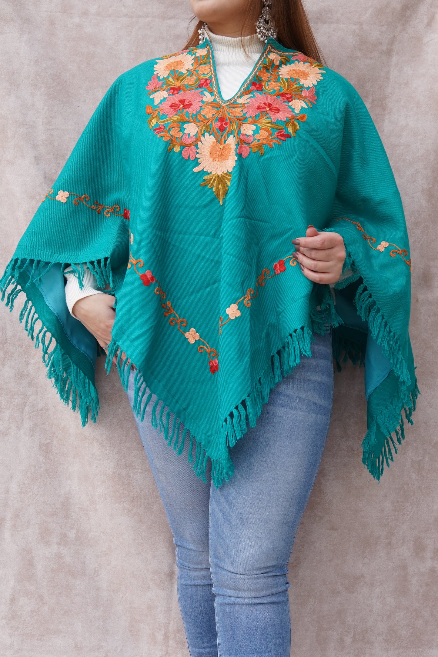 Kashmiri Poncho with Aari Work | Aqua