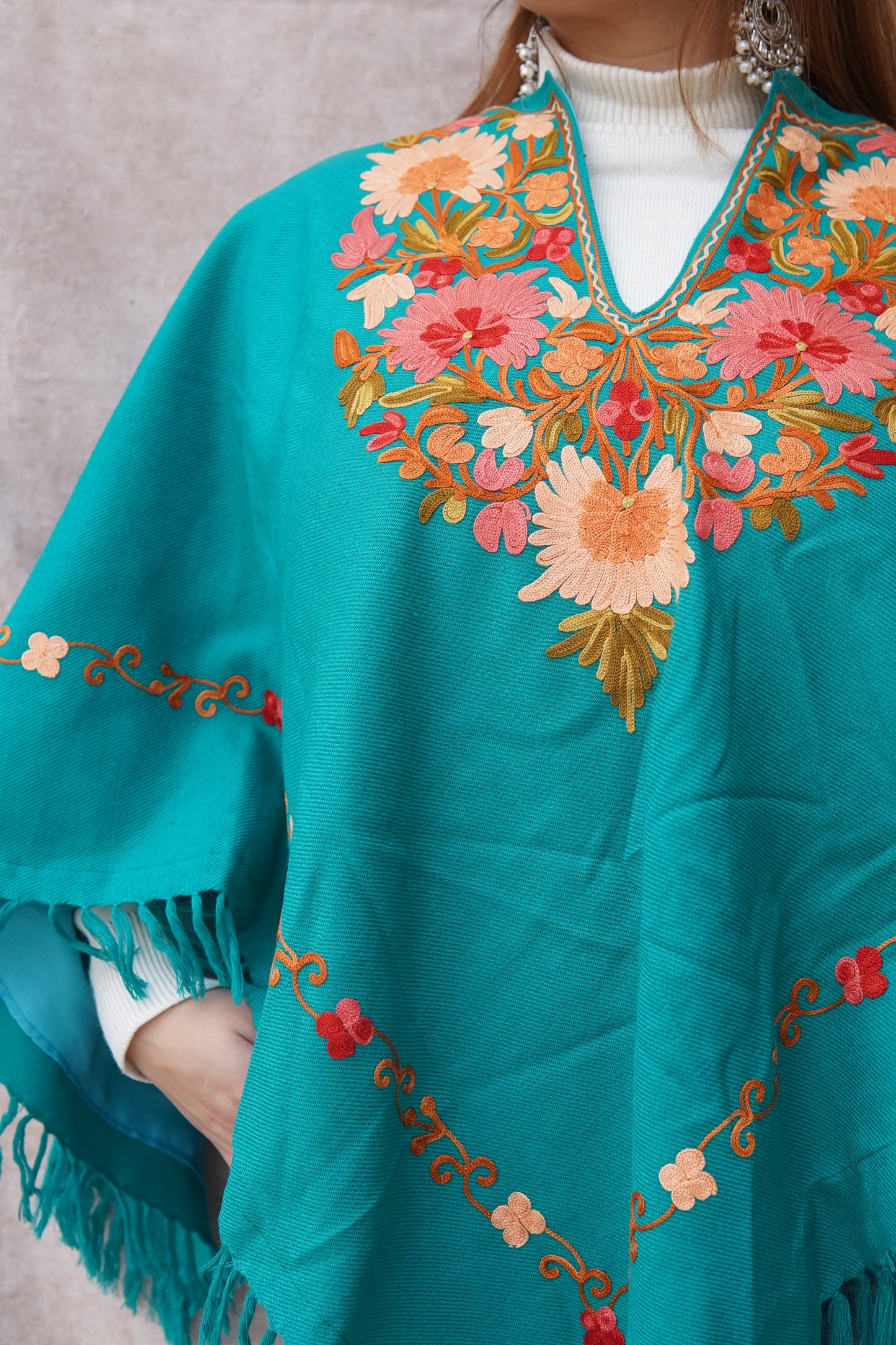 Kashmiri Poncho with Aari Work | Aqua