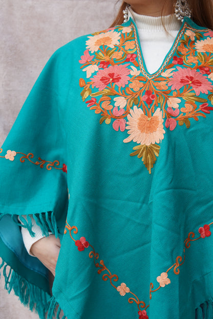 Kashmiri Poncho with Aari Work | Aqua