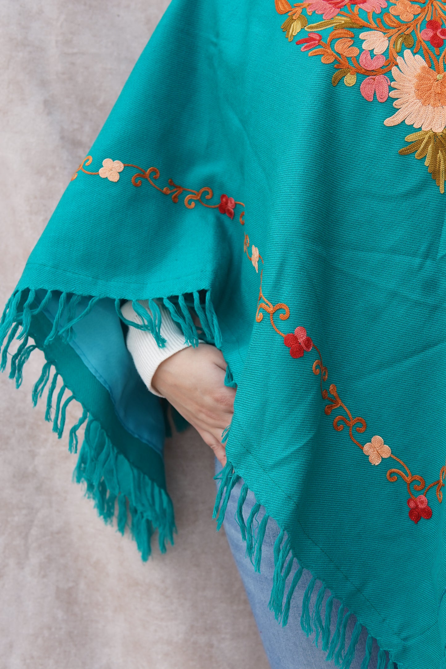 Kashmiri Poncho with Aari Work | Aqua