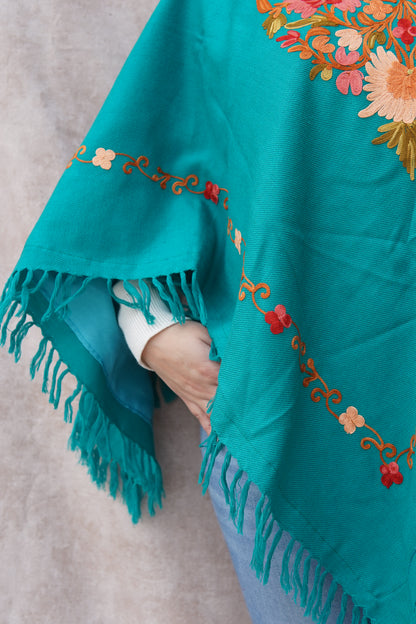 Kashmiri Poncho with Aari Work | Aqua