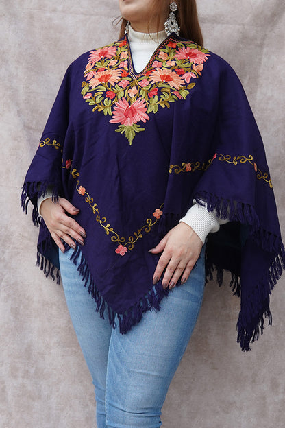 Kashmiri Poncho with Aari Work | Purple