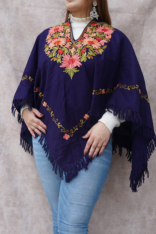 Kashmiri Poncho with Aari Work | Purple