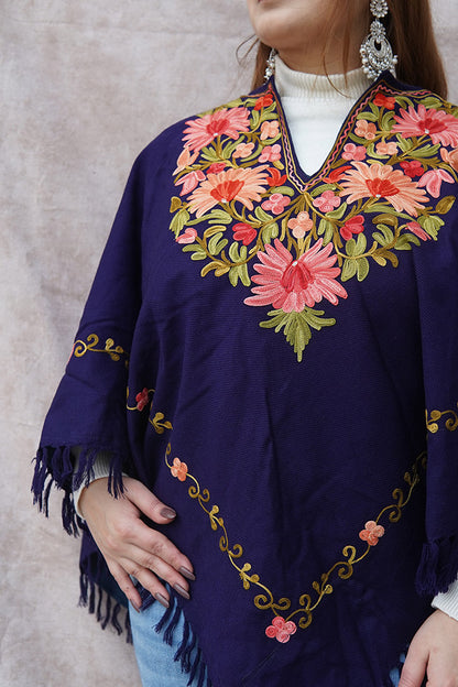 Kashmiri Poncho with Aari Work | Purple