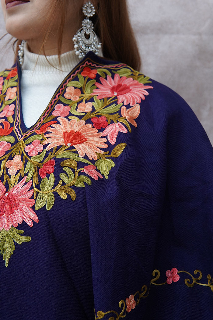 Kashmiri Poncho with Aari Work | Purple