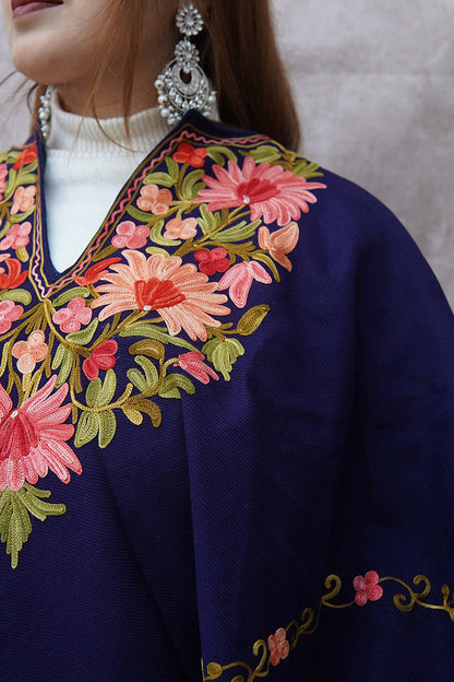 Kashmiri Poncho with Aari Work | Purple