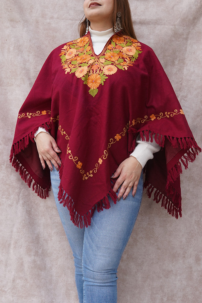 Kashmiri Poncho with Aari Work | Maroon