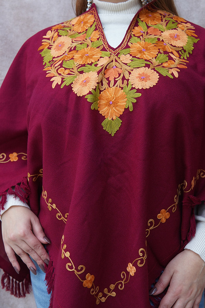 Kashmiri Poncho with Aari Work | Maroon