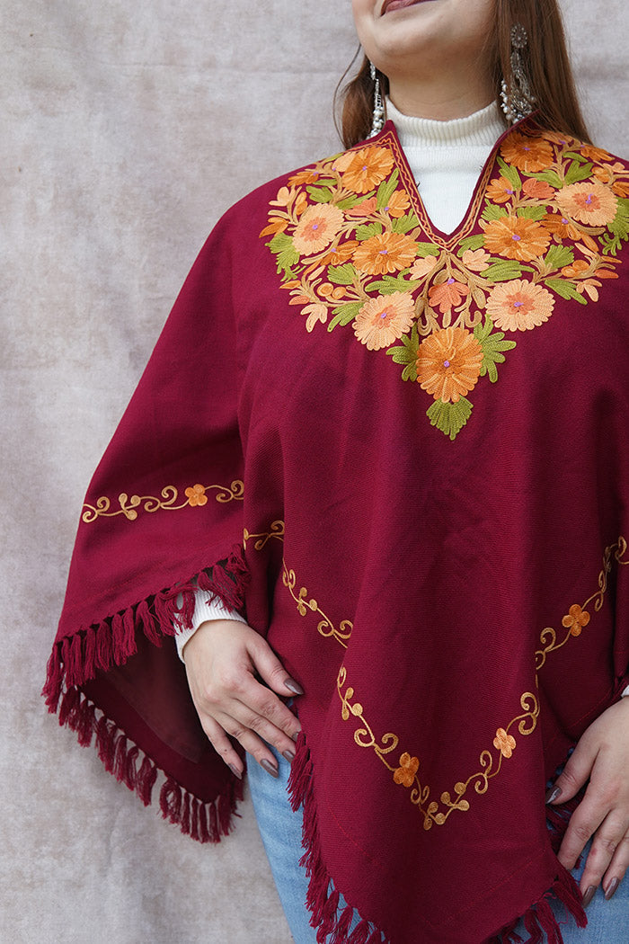 Kashmiri Poncho with Aari Work | Maroon