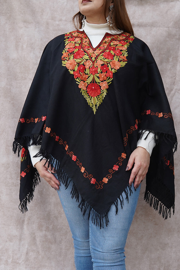 Kashmiri Poncho with Aari Work |  Black