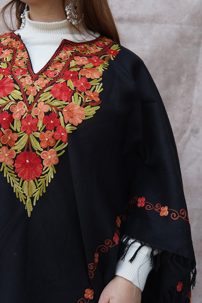 Kashmiri Poncho with Aari Work |  Black