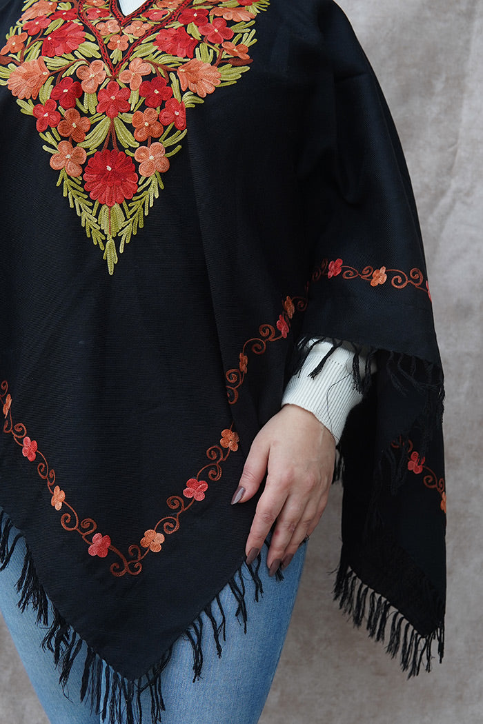 Kashmiri Poncho with Aari Work |  Black