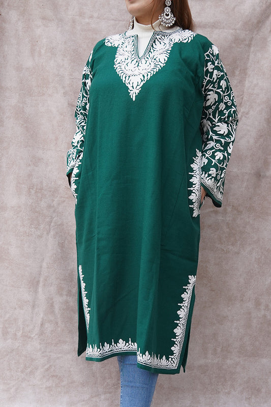 Kashmiri Woolen Green Phiran with Aari Work