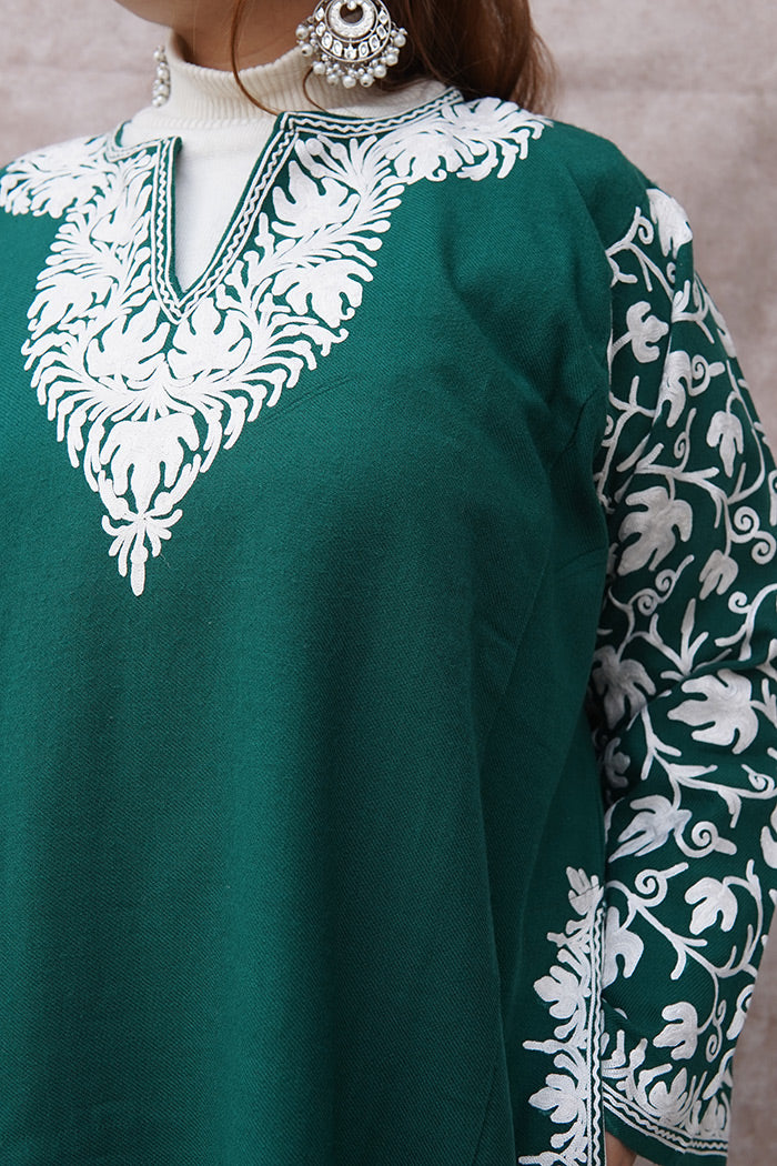 Kashmiri Woolen Green Phiran with Aari Work