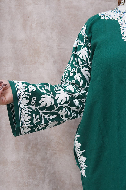 Kashmiri Woolen Green Phiran with Aari Work
