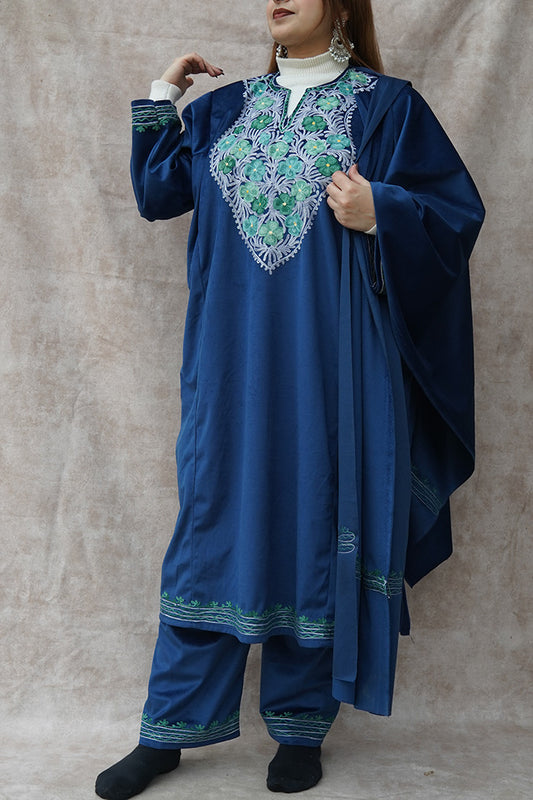 Kashmiri Velvet Blue Phiran Set | Phiran with Stole & Bottom