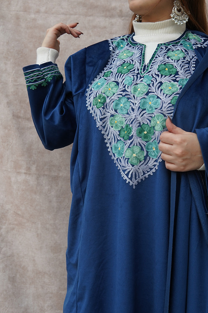 Kashmiri Velvet Blue Phiran Set | Phiran with Stole & Bottom