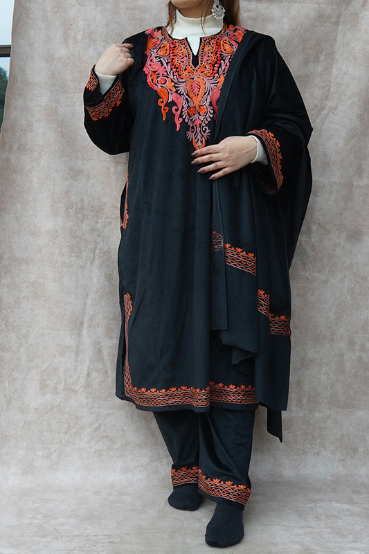 Kashmiri Velvet Black Phiran Set | Phiran with Stole & Bottom