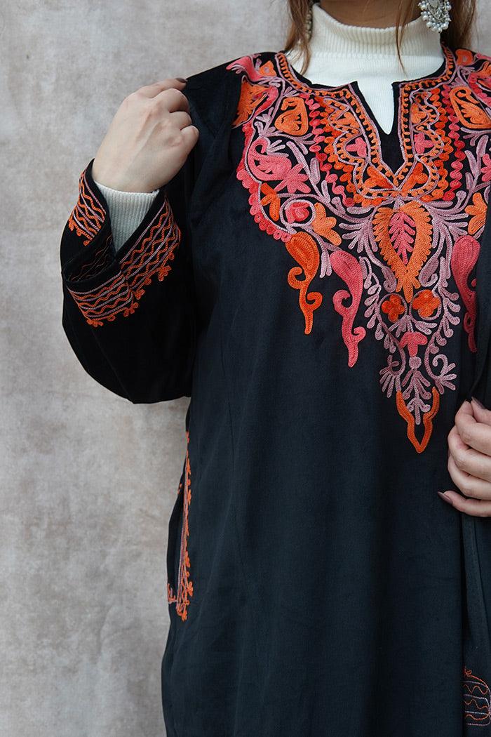 Kashmiri Velvet Black Phiran Set | Phiran with Stole & Bottom