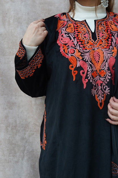 Kashmiri Velvet Black Phiran Set | Phiran with Stole & Bottom