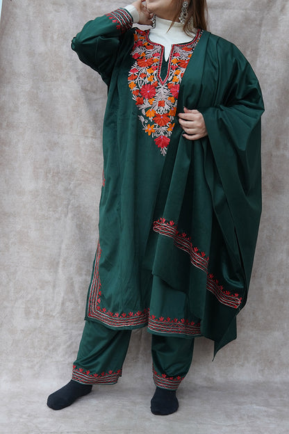Kashmiri Velvet Green Phiran Set | Phiran with Stole & Bottom