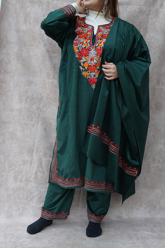 Kashmiri Velvet Green Phiran Set | Phiran with Stole & Bottom