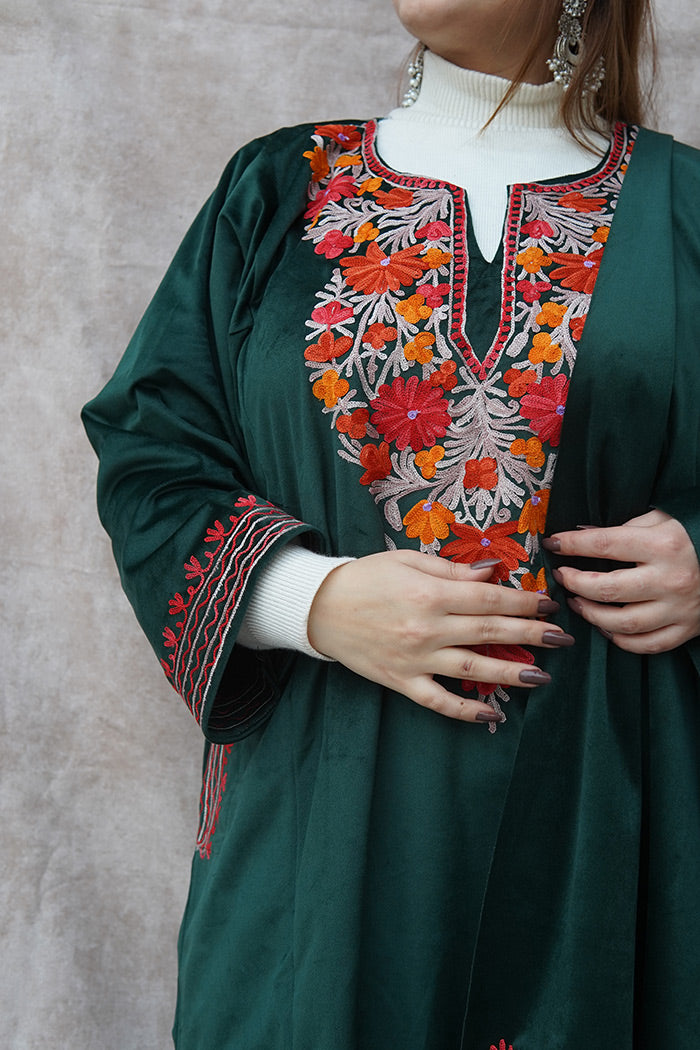 Kashmiri Velvet Green Phiran Set | Phiran with Stole & Bottom