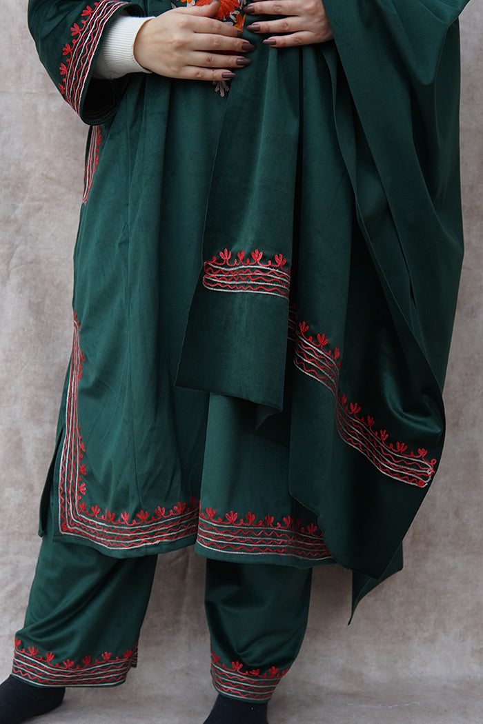 Kashmiri Velvet Green Phiran Set | Phiran with Stole & Bottom