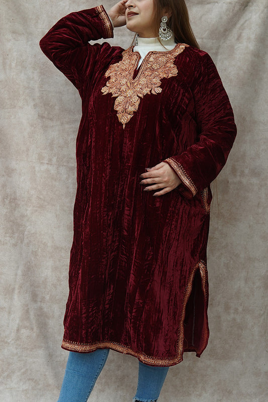 Kashmiri Crushed Velvet Phiran with Patch Work | Maroon