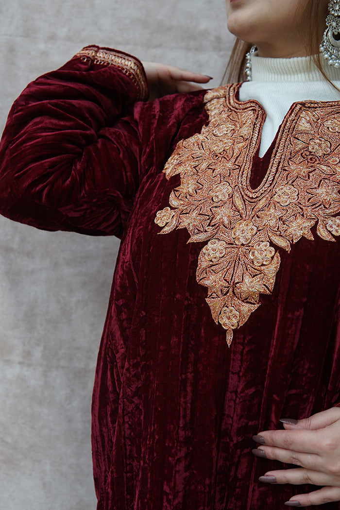 Kashmiri Crushed Velvet Phiran with Patch Work | Maroon